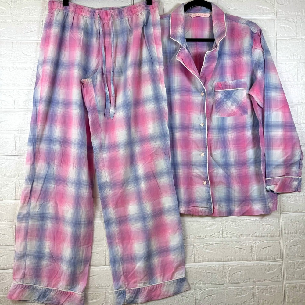 Victoria's Secret Pajama Set Women Medium Pink Blue Plaid Button Up Pants